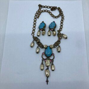 Vtg '30 RARE MIRIAM HASKELL ? brass baroque faux pearl earrings necklace set
